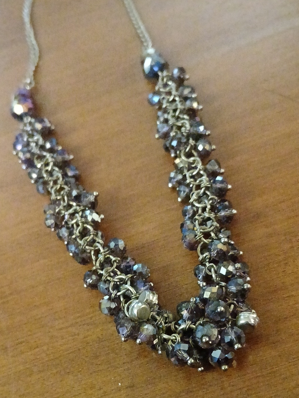 Silver Tone Necklace with Purple And Black Crystal Cluster Beads